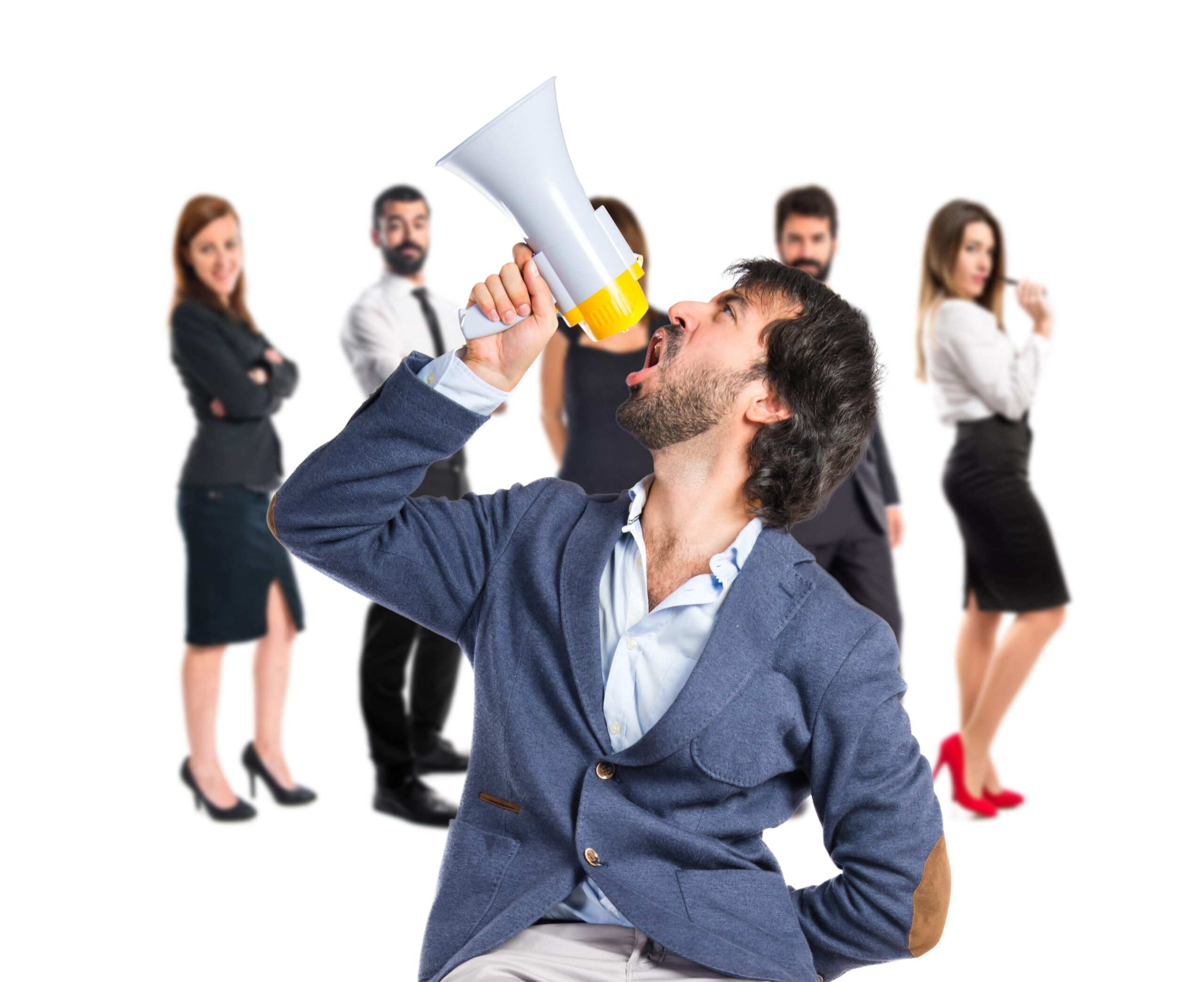 Man shouting over isolated white background